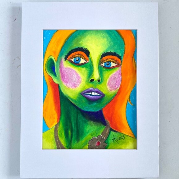Green Girl with Flower Necklace Original Oil Pastel Painting 11x14in Matted - Picture 3 of 8